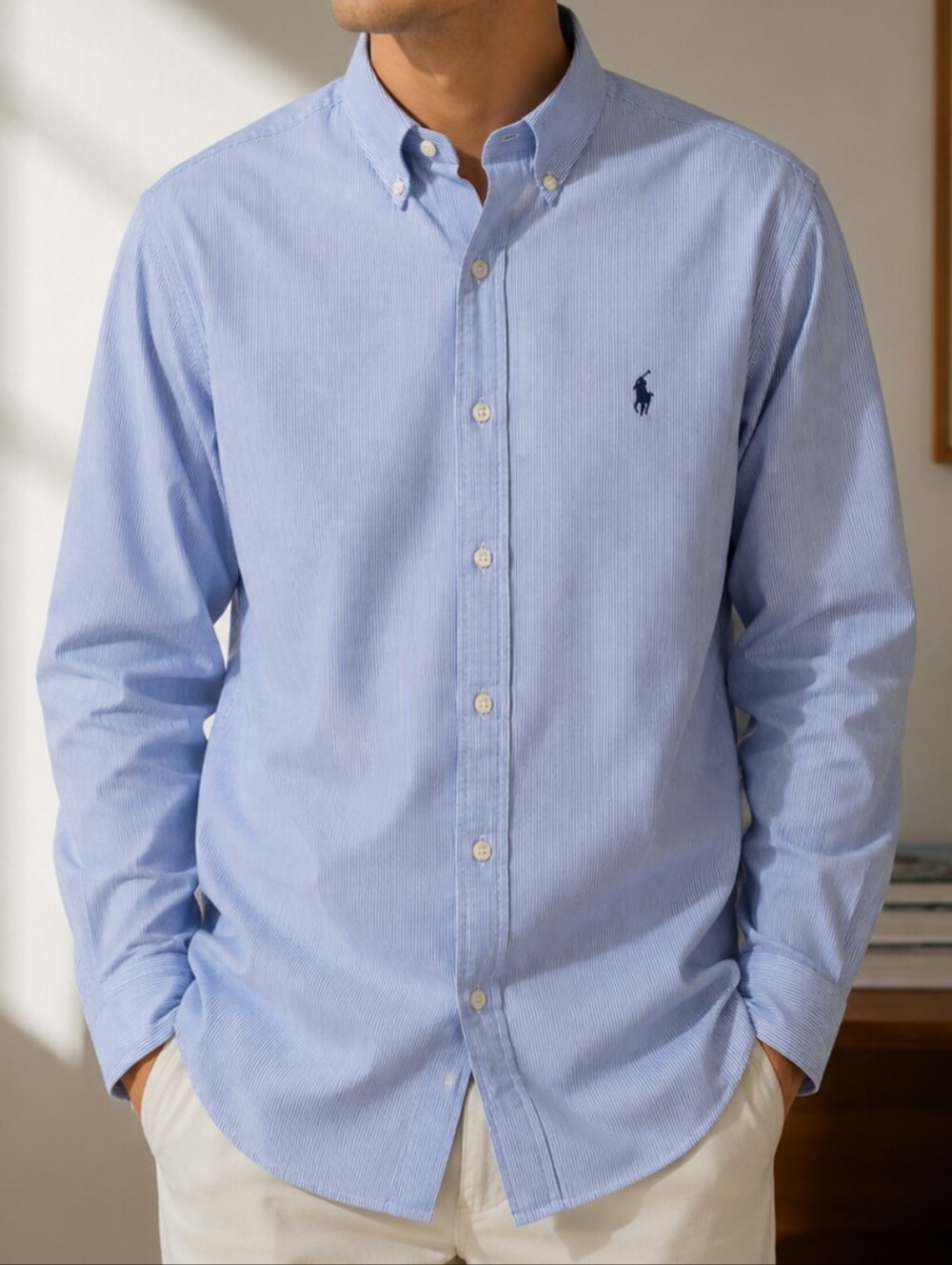 Ralph Lauren Blake Blue/White Striped Button-Down Cotton Shirt  Men Size X-Large